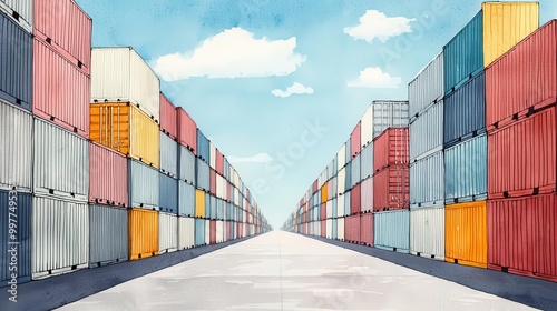 Global trade barriers, towering walls of containers blocking routes, Watercolor style