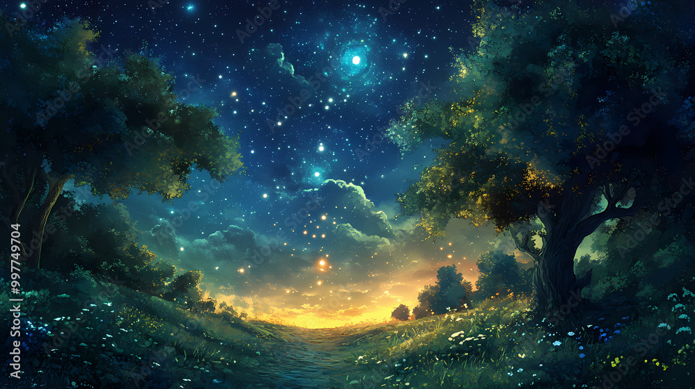 Delving into the celestial realm:an of mythological connections within the starry night sky. Mythical Portal. Illustration