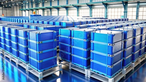 High quality image of blue NMC Prismatic battery modules for electric vehicles in a mass production facility photo