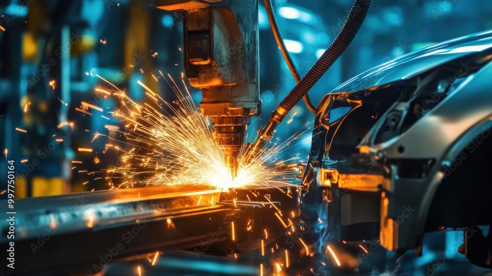 Automated welding solutions contribute to faster production in industrial settings, showcasing sparks flying from welding machine near car frame Automated welding solutions contribute to faster production in industrial settings, showcasing sparks flying from welding machine near car frame