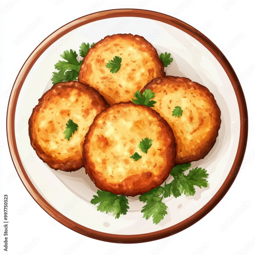 Four Crispy Potato Pancakes Served on a Plate with Parsley Four Crispy Potato Pancakes Served on a Plate with Parsley