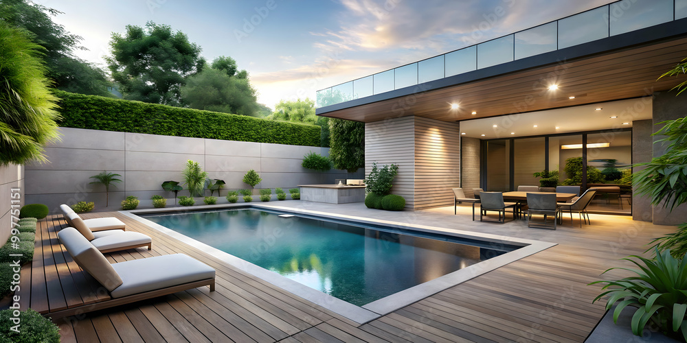 Fototapeta premium Modern backyard featuring a stylish pool , backyard, modern, contemporary, outdoor living, pool, swimming