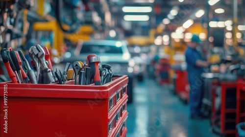 Wallpaper Mural Auto Shop Scene Featuring Red Tool Chest with Tools Torontodigital.ca