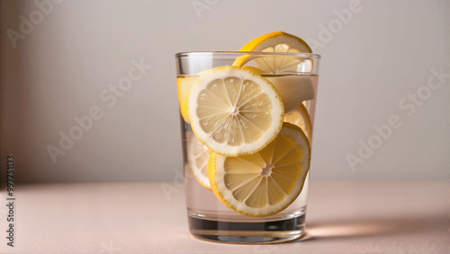 Glass with lemon slices for immune system boost on pastel background 
