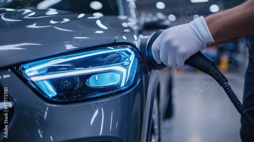 A Close-Up of a Car's Headlight Being Connected to a Charging Station