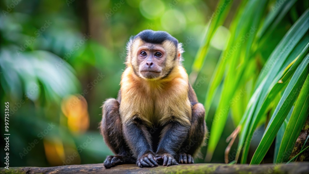 Fototapeta premium Black-capped capuchin monkey sitting alone in the jungle, wildlife, rainforest, solitude, isolated, animal, primate, nature