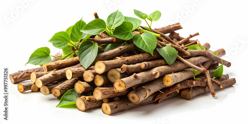 Pile of tinospora cordifolia herbs on white background, herbal medicine photo