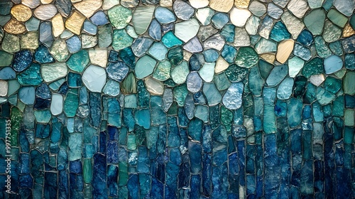 A calming mosaic made of irregular sea glass tiles in vibrant blue and green, cascading down like a waterfall, light reflecting through the glass photo