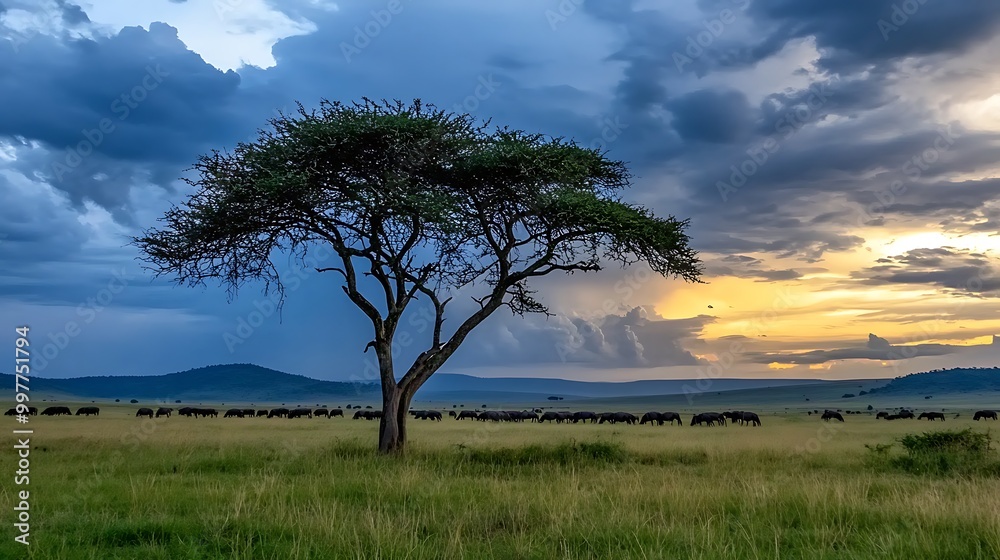 Obraz premium African Savanna Sunset with Wildebeest Herd and Acacia Tree