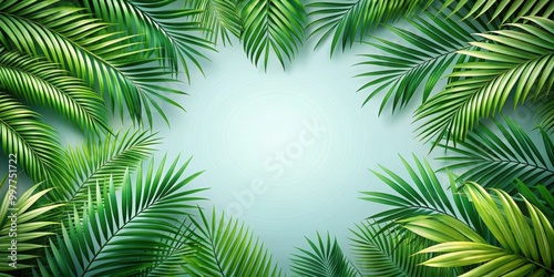Fototapeta Naklejka Na Ścianę i Meble -  Fresh green jungle palm leaves overlay frame on background, tropical, lush, vibrant, foliage, greenery, nature, jungle