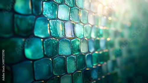 A close-up of a mosaic wall with sea glass in emerald and teal, each piece reflecting light like ocean ripples, set in a futuristic 3D environment, soft bokeh background photo