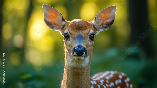 Close-Up of a Young Deer in Sunlit Forest Generative AI