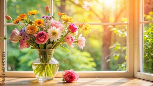 Beautiful flowers in a vase near the window on a sunny day, flowers, vase, window, sunny, day, interior, decoration, home photo