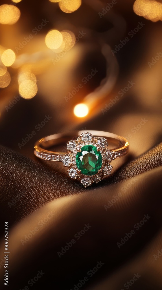 Polished emerald and diamond ring on a rich chocolate brown satin fabric, with a dark brown-to-gold gradient backdrop and glowing festive lights, Copy space, happy Diwali background Polished emerald and diamond ring on a rich chocolate brown satin fabric, with a dark brown-to-gold gradient backdrop and glowing festive lights, Copy space, happy Diwali background