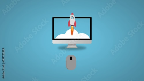 Animated for social media, web, presentation business. new business startup, rocket launch of a computer, launch of a successful internet business