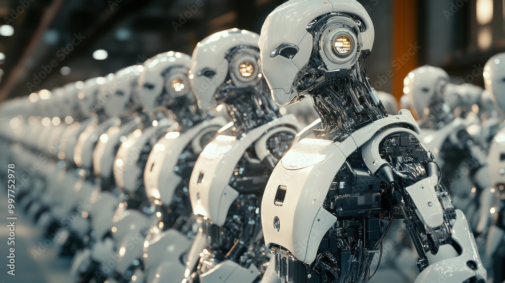 Fototapeta premium Robots ensuring consistent quality in mass production process, showcasing advanced technology and precision in modern industrial setting