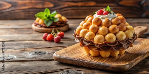 Dessert bubble waffle from Hong Kong served on a rustic wood background, bubble waffle, dessert, Hong Kong, wood, rustic photo