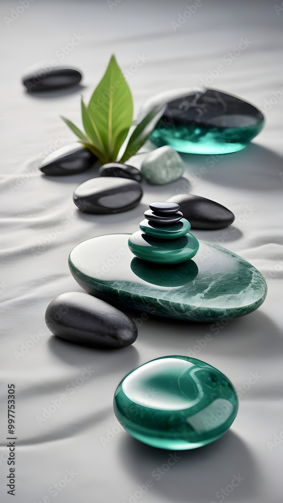 Elegant arrangement of smooth stones and green leaves for a calming spa experience at a tranquil wellness center Elegant arrangement of smooth stones and green leaves for a calming spa experience at a tranquil wellness center