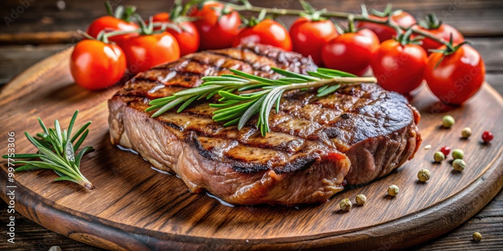 Grilled rib eye steak topped with fresh rosemary and juicy tomato slices , steak, grilled, rib eye, medium rare Grilled rib eye steak topped with fresh rosemary and juicy tomato slices , steak, grilled, rib eye, medium rare