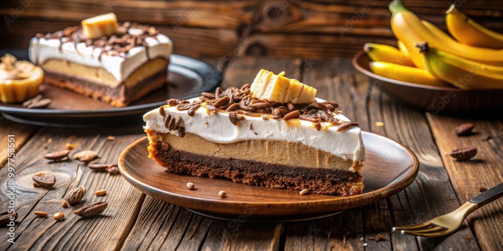 Delicious slice of chocolate banoffee pie with whipped cream, banana slices, caramel, and chocolate shavings on wooden surface Delicious slice of chocolate banoffee pie with whipped cream, banana slices, caramel, and chocolate shavings on wooden surface