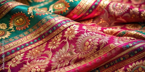 Close up of intricate Indian silk sari fabric design, Indian, silk, sari, fabric, close up, intricate, colorful, traditional
