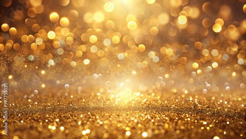 Shimmering gold background with glitter particles and defocused bokeh lights, gold, glitter, particles