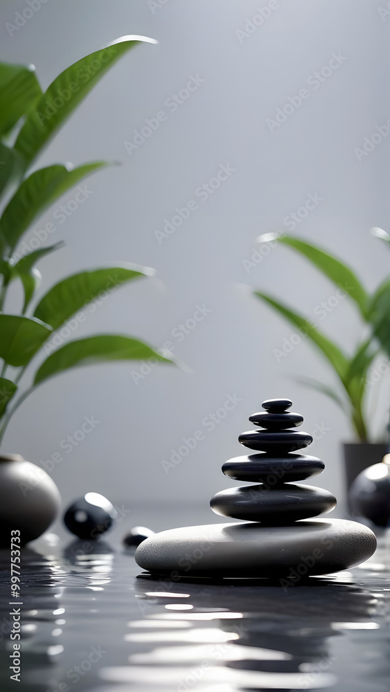 A tranquil arrangement of stacked black stones and lush green plants creating a serene atmosphere in a calming indoor space A tranquil arrangement of stacked black stones and lush green plants creating a serene atmosphere in a calming indoor space