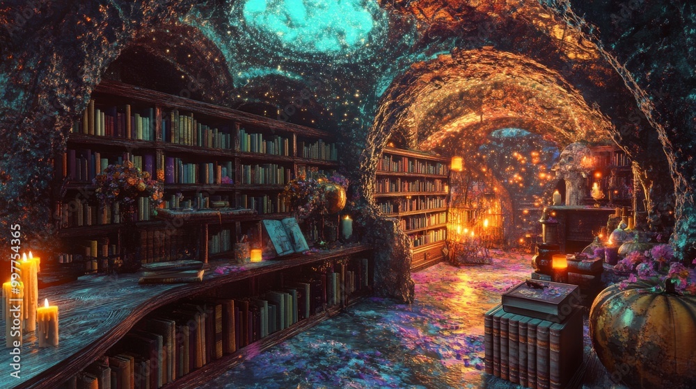 Obraz premium Enchanting Haunted Library Party in 3D Pointillism Style