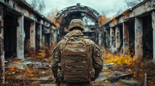 soldier amidst the remnants of battle, seeking solace in the devastation around him. This poignant scene symbolizes resilience, reflection, and the quest for peace amidst chaos