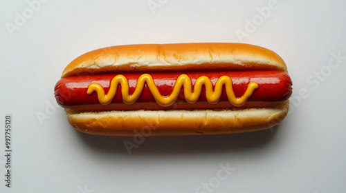 A juicy hot dog with ketchup and mustard, all by itself against a plain white background.