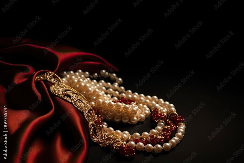 Beautiful red and gold jewelry, luxurious ornaments on black Beautiful red and gold jewelry, luxurious ornaments on black