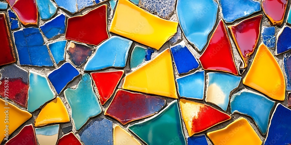 Fototapeta premium Colorful mosaic of broken tiles in various shapes.