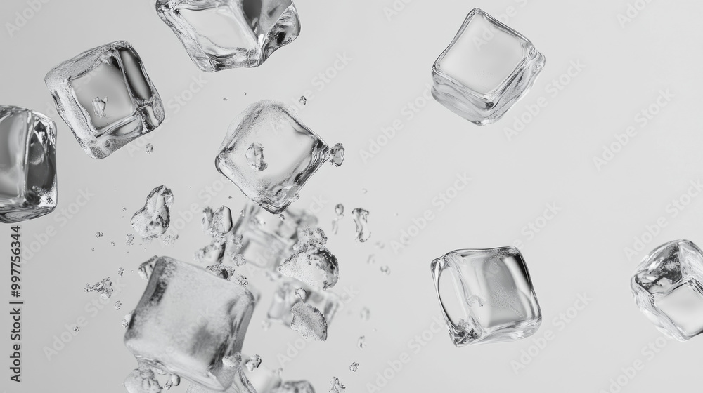 Ice cubes falling against a plain white backdrop.