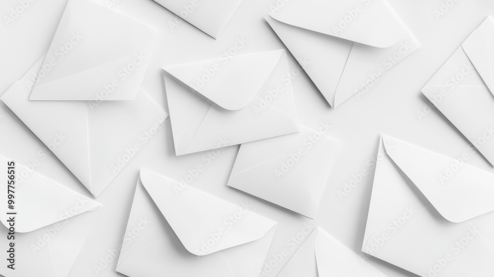 A group of white envelopes, closed and empty, each containing a blank piece of paper. They are shown against a plain white background. A group of white envelopes, closed and empty, each containing a blank piece of paper. They are shown against a plain white background.