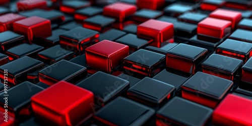 Abstract composition of red and black cubes.