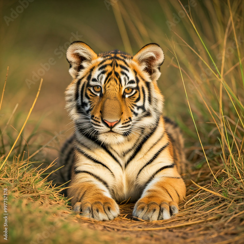 tiger in the grass. portrait of a royal bengal tiger. close up of little cub tiger. tiger lying in a land. photo