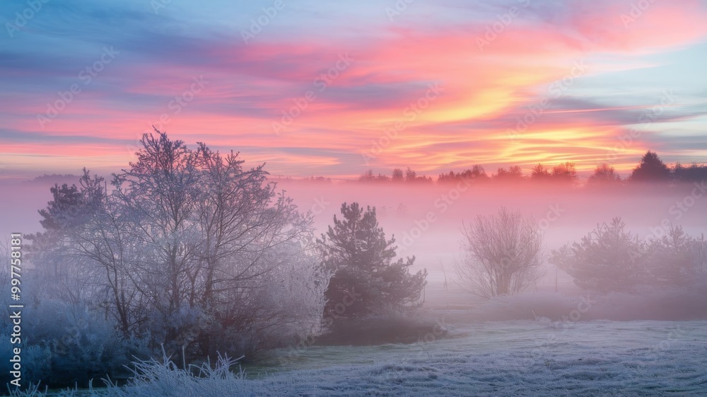 Dreamy winter sunrise over a fog-laden landscape, showcasing trees dusted with frost Dreamy winter sunrise over a fog-laden landscape, showcasing trees dusted with frost