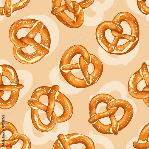 Seamless Pattern of Classic Salted Pretzels on Light beige Background. Hand drawn Vector illustration.
