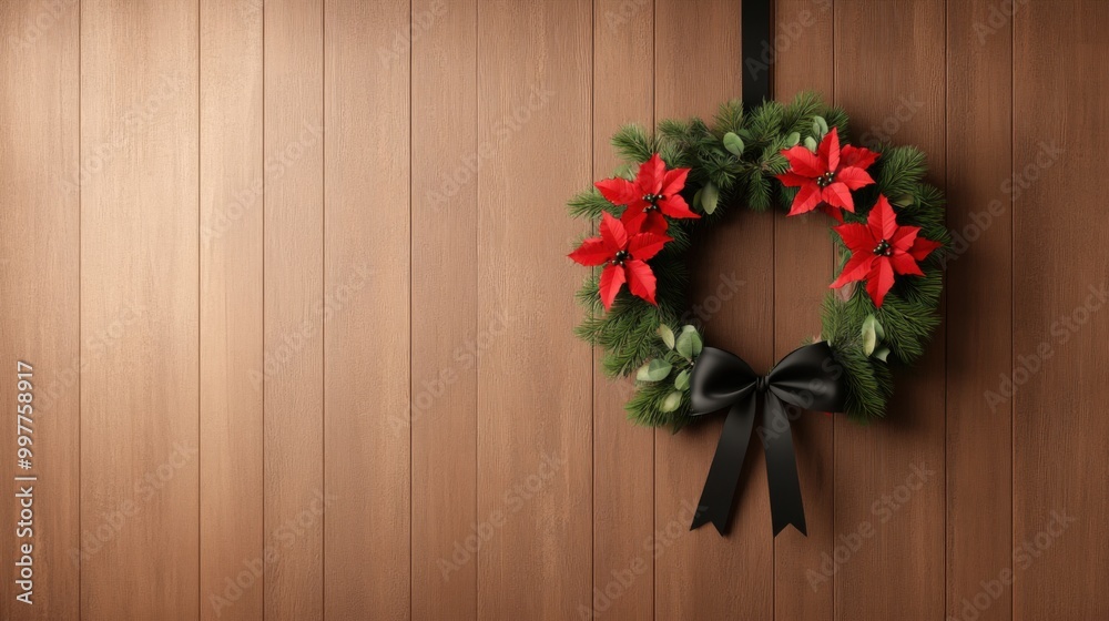 Festive Christmas Wreath with Red Flowers and Black Ribbons on Wooden Door - 3D Illustration Festive Christmas Wreath with Red Flowers and Black Ribbons on Wooden Door - 3D Illustration