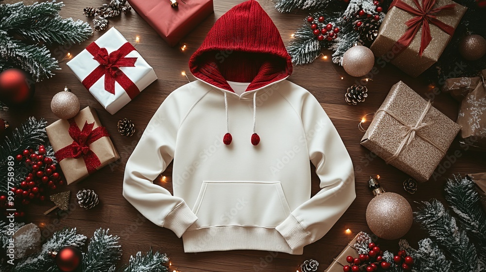Fototapeta premium Festive Blank White Pullover Hoodie Mockup Surrounded by Christmas Elements in Ultra HD Quality
