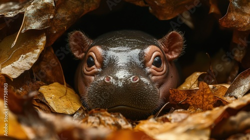 Baby hippopotamus hidden in foliage, captivating wildlife photography.