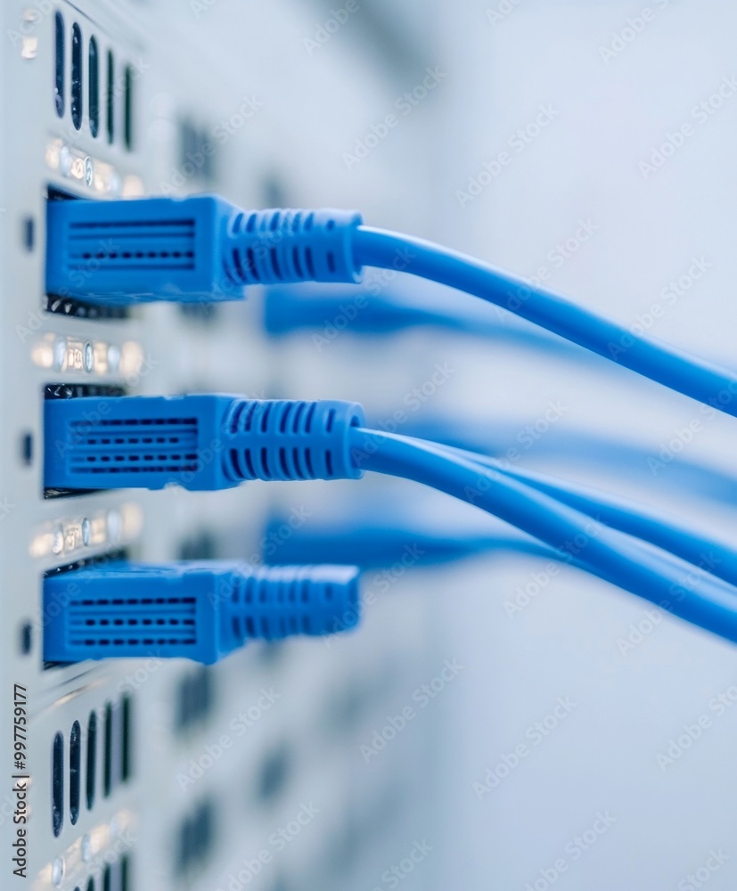 Close-Up Image of Network Cables Connected to Server Rack with Glowing Lights in a Modern Data Center Close-Up Image of Network Cables Connected to Server Rack with Glowing Lights in a Modern Data Center