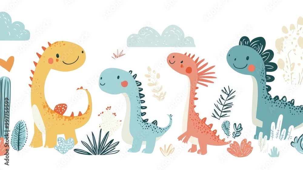 Obraz premium Minimalist Cute Doodle Dinosaurs, Plants, and Mountains Pattern Design