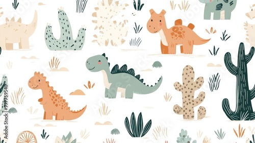 Fototapeta Naklejka Na Ścianę i Meble -  Minimalist Cute Doodle Dinosaurs, Plants, and Mountains Pattern Design