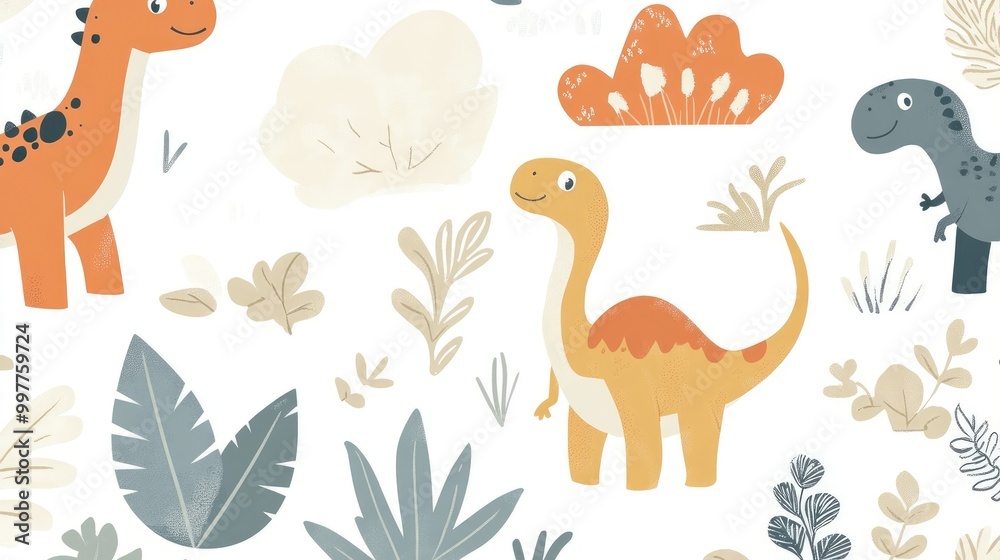 Minimalist Cute Doodle Dinosaurs, Plants, and Mountains Pattern Design Minimalist Cute Doodle Dinosaurs, Plants, and Mountains Pattern Design