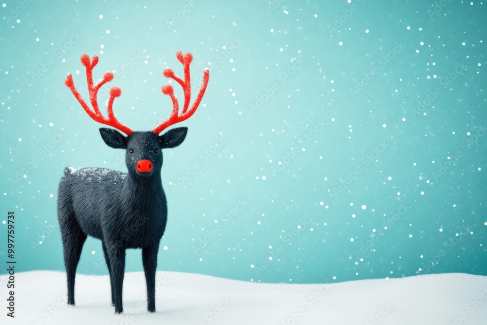 Elegant Black Reindeer with Red Antlers Standing in Snowy Landscape, 3D Rendering Elegant Black Reindeer with Red Antlers Standing in Snowy Landscape, 3D Rendering