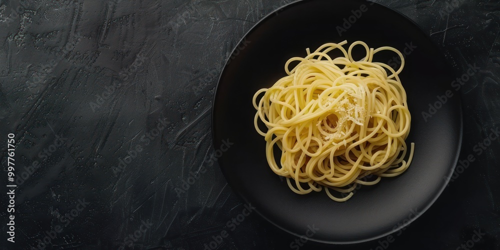 Black plate of spaghetti with grated parmesan on a dark background. Minimalist food photography concept. Black plate of spaghetti with grated parmesan on a dark background. Minimalist food photography concept.