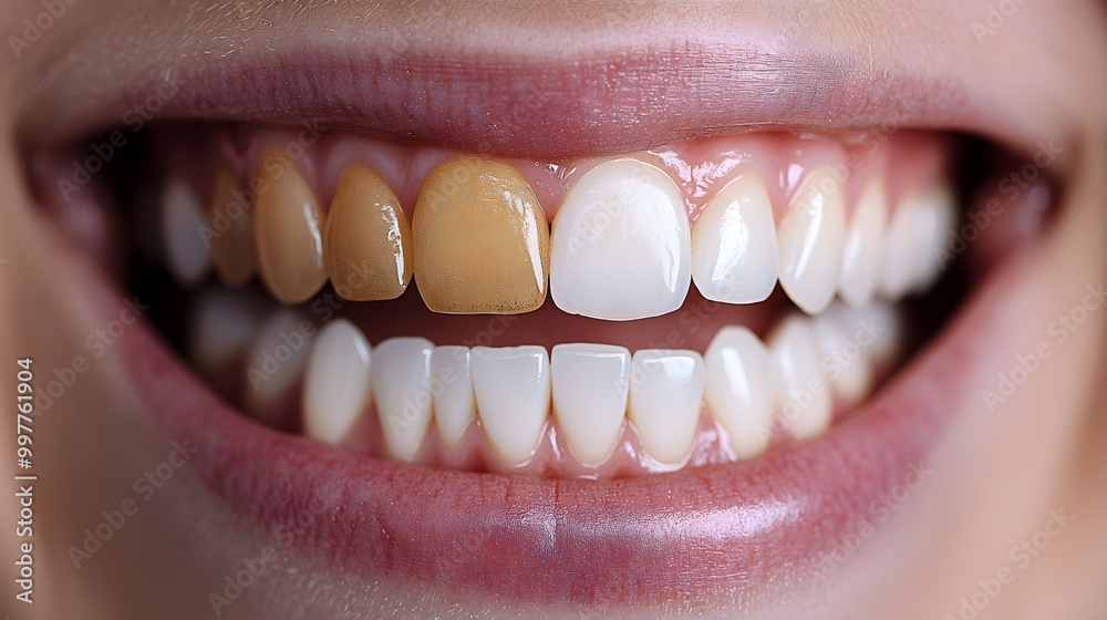 Fototapeta premium Before-and-after teeth transformation, showing yellowed, uneven teeth pre-treatment and a bright, perfectly aligned smile post-dental procedure