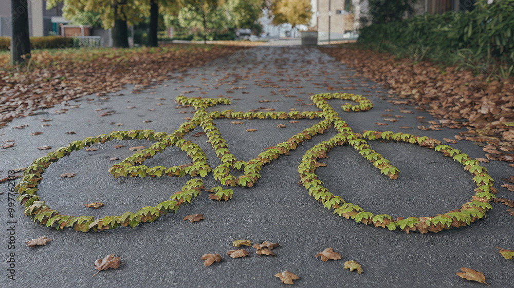 A bicycle shape made from yellow leaves on a pathway surrounded by autumn foliage. A bicycle shape made from yellow leaves on a pathway surrounded by autumn foliage.