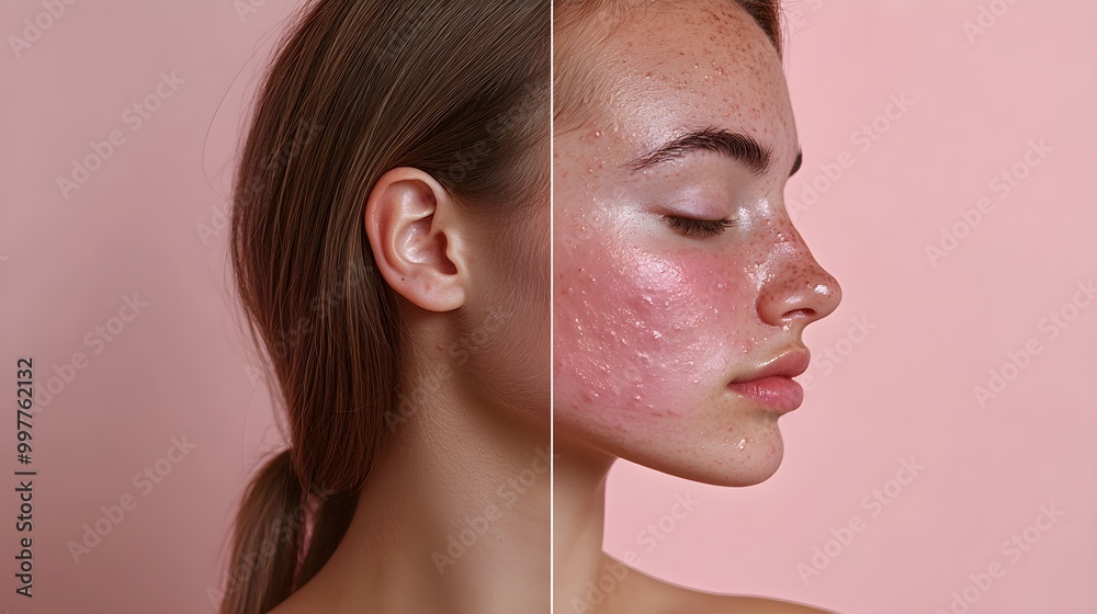 Acne journey left side with pustules, irritation, and large pores, right side clean, balanced skin, minimized texture, and even skin tone Acne journey left side with pustules, irritation, and large pores, right side clean, balanced skin, minimized texture, and even skin tone